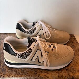 New Balance Beige and Black Sneakers with Leopard Print Trim